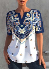 ROTITA Split Neck Navy Blue Tribal Print Blouse