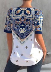 Tribal tops,ROTITA Split Neck Navy Blue Tribal Print Blouse