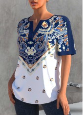 Tribal tops,ROTITA Split Neck Navy Blue Tribal Print Blouse