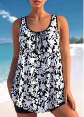 ROTITA Floral Print Bowknot Black Tankini Set