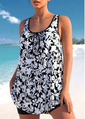 Black swimwear,Floral swimwear,ROTITA Floral Print Bowknot Black Tankini Set