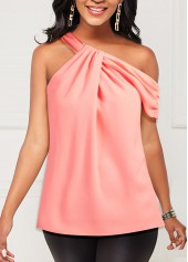Pink tops,Plain Color tops,ROTITA Skew Neck Pink Fold Tank Top