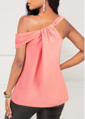 Pink tops,Plain Color tops,ROTITA Skew Neck Pink Fold Tank Top