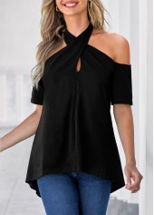 ROTITA Cross Front Cold Shoulder Black T Shirt