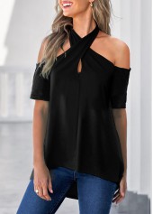 Black tops,Plain Color tops,ROTITA Cross Front Cold Shoulder Black T Shirt