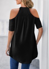 Black tops,Plain Color tops,ROTITA Cross Front Cold Shoulder Black T Shirt