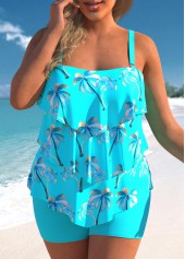 ROTITA Plus Size Cyan Coconut Tree Print Tankini Set
