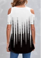 White tops,Geometric tops,Cold Shoulder White Geometric Print T Shirt