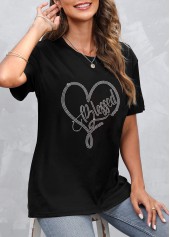 Black tops,Letter tops,Hot Drilling Black Short Sleeve T Shirt