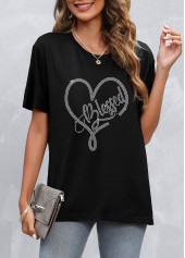 Black tops,Letter tops,Hot Drilling Black Short Sleeve T Shirt