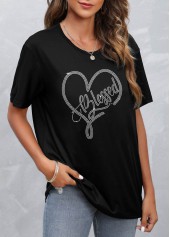 Black tops,Letter tops,Hot Drilling Black Short Sleeve T Shirt