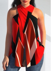 ROTITA Geometric Print Red Cross Halter Tank Top