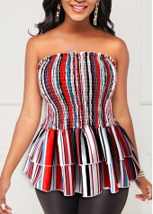 Multi Color tops,Striped tops,ROTITA Smocked Striped Layered Ruffle Hem Tank Top