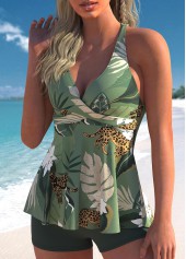 Sage Green swimwear,Plants swimwear,ROTITA Sage Green Cross Front Tropical Print Tankini Set