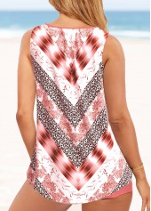 Pink swimwear,Geometric swimwear,ROTITA Chevron Print Cross Strap Leopard Pink Tankini Set