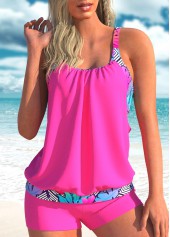 ROTITA Wide Strap Hot Pink Geometric Print Tankini Set
