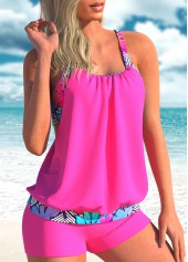 Hot Pink swimwear,Plants swimwear,ROTITA Wide Strap Hot Pink Geometric Print Tankini Set