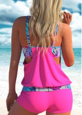 Hot Pink swimwear,Plants swimwear,ROTITA Wide Strap Hot Pink Geometric Print Tankini Set