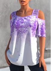 Light Purple tops,Floral tops,ROTITA Cold Shoulder Lace Stitching Light Purple T Shirt
