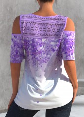 Light Purple tops,Floral tops,ROTITA Cold Shoulder Lace Stitching Light Purple T Shirt