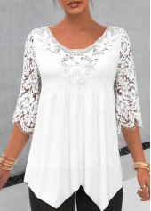 ROTITA White Lace Stitching Asymmetric Hem 3/4 Sleeve Blouse