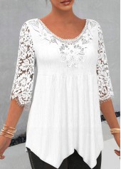 White tops,Plain Color tops,ROTITA White Lace Stitching Asymmetric Hem 3/4 Sleeve Blouse