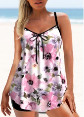 Pink swimwear,Floral swimwear,ROTITA Floral Print Pink Bowknot Tankini Top