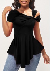 Cold Shoulder Black Asymmetrical Neck Short Sleeve T Shirt
