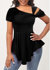 Black tops,Plain Color tops,Cold Shoulder Black Asymmetrical Neck Short Sleeve T Shirt