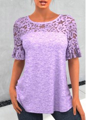 ROTITA Lace Patchwork Round Neck Purple T Shirt