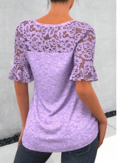 Purple tops,Plain Color tops,ROTITA Lace Patchwork Round Neck Purple T Shirt