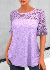 Purple tops,Plain Color tops,ROTITA Lace Patchwork Round Neck Purple T Shirt