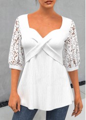 ROTITA Lace Patchwork White Sweetheart Neckline 3/4 Sleeve Blouse