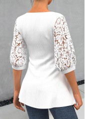 White tops,Plain Color tops,ROTITA Lace Patchwork White Sweetheart Neckline 3/4 Sleeve Blouse