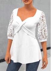 White tops,Plain Color tops,ROTITA Lace Patchwork White Sweetheart Neckline 3/4 Sleeve Blouse