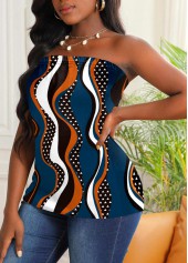 Peacock Blue tops,Geometric tops,Blue Strapless Geometric Print Tank Top