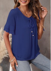 Plain Color tops,Tie Front Layered Hem Navy Blue T Shirt