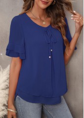 Plain Color tops,Tie Front Layered Hem Navy Blue T Shirt