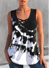 ROTITA Black Tie Dye Print Cross Strap Tank Top