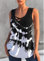 Black tops,Tie Dye tops,ROTITA Black Tie Dye Print Cross Strap Tank Top