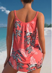 Coral swimwear,Plants swimwear,ROTITA Leaf Print Coral Red Bowknot Tankini Top