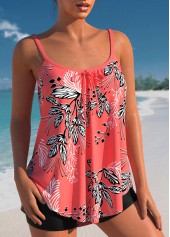 Coral swimwear,Plants swimwear,ROTITA Leaf Print Coral Red Bowknot Tankini Top