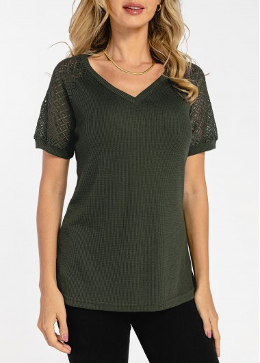 Plain Color tops,Army Green Waffle Knit Lace Patchwork T Shirt