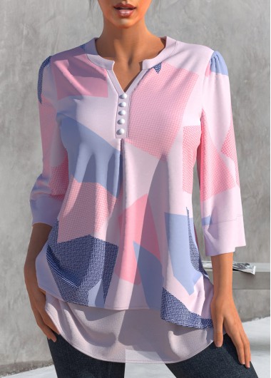 Light Pink tops,Geometric tops,ROTITA Geometric Print Light Pink Split Neck Blouse