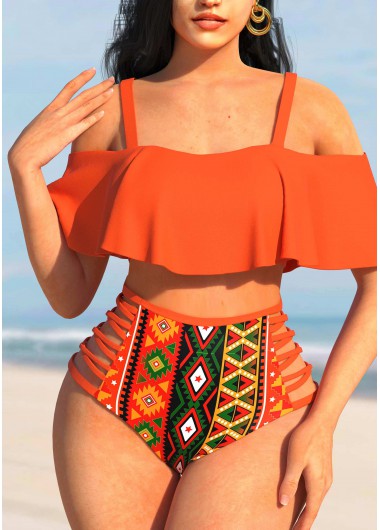 Orange swimwear,Tribal swimwear,ROTITA Tribal Print High Waisted Orange Bikini Set