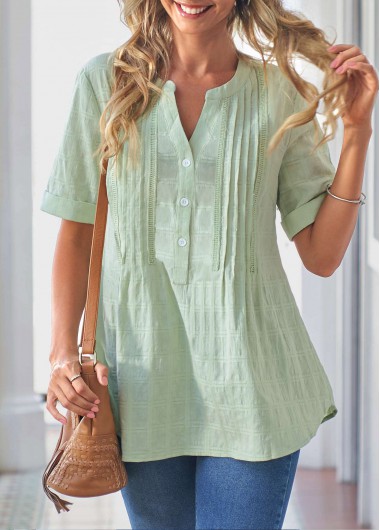 Light Green tops,Plain Color tops,ROTITA Light Green Crinkle Chest Button Detail Blouse