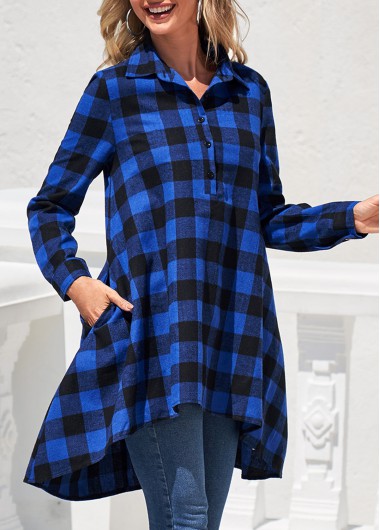 Royal Blue tops,Plaid tops,ROTITA Double Side Plaid Pockets Royal Blue Blouse