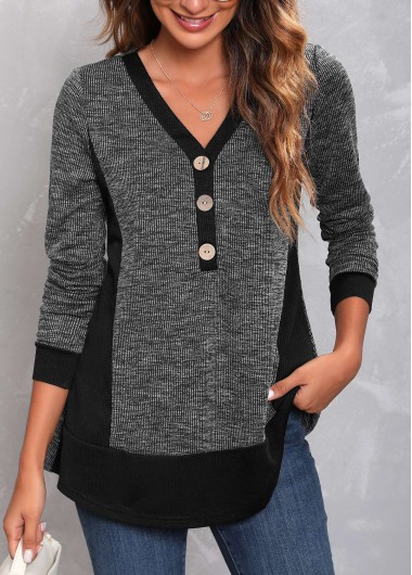 Dark Grey Marl tops,Plain Color tops,ROTITA Decorative Button Dark Grey Marl V Neck T Shirt