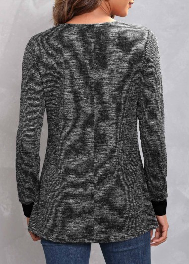 Dark Grey Marl tops,Plain Color tops,ROTITA Decorative Button Dark Grey Marl V Neck T Shirt
