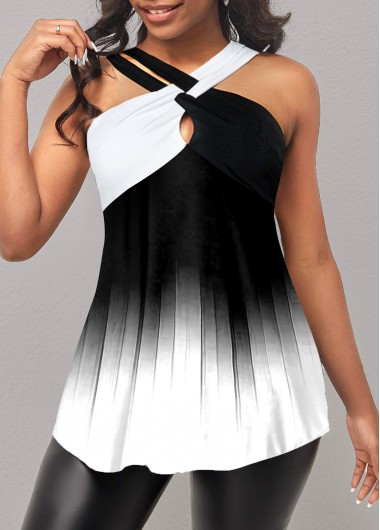 White tops,Ombre tops,ROTITA Ombre White Cross Strap Tank Top